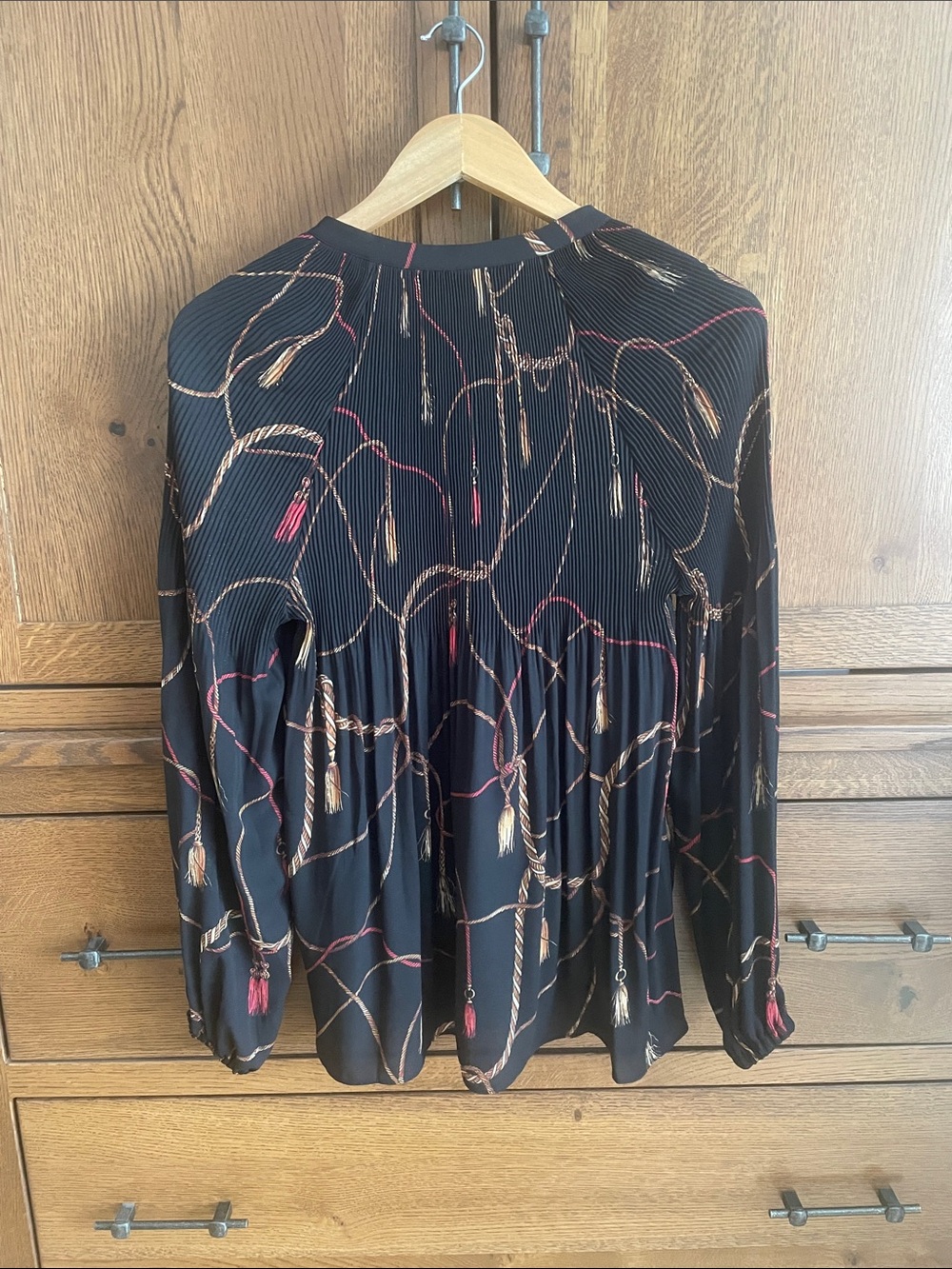 LAUREN Ralph Lauren Black Tassel-Print Pleated Button-Front Blouse - Picture 3 of 3